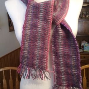 Scarf , Multi-colored Gray with Purple and Mauve. Wool.  Reversible. (Hand knit)